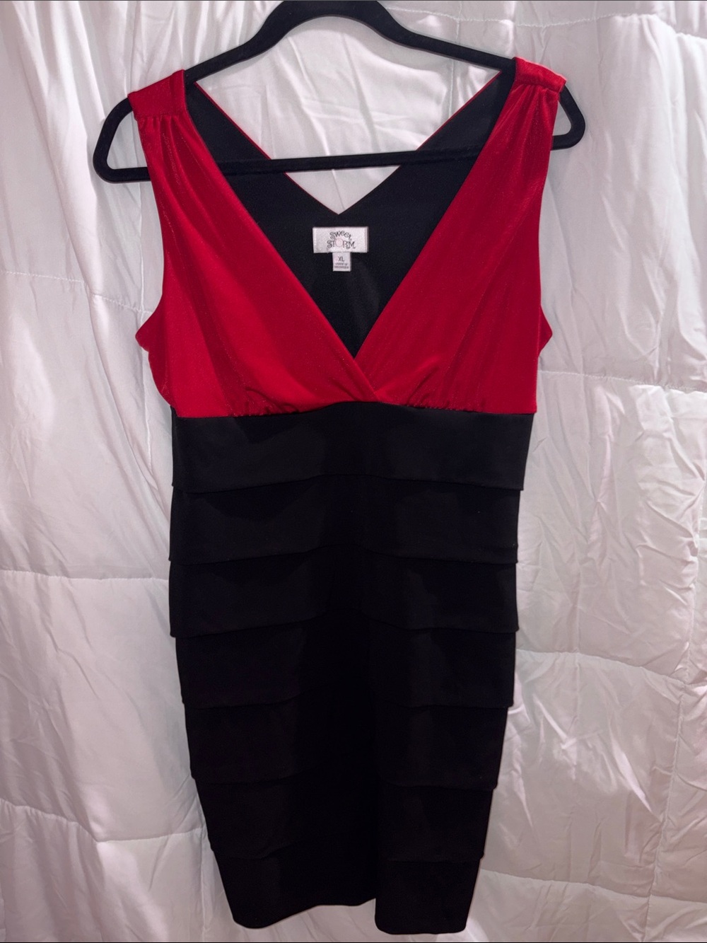 Sweet Storm Red and Black V-Neck Layered Midi Dress